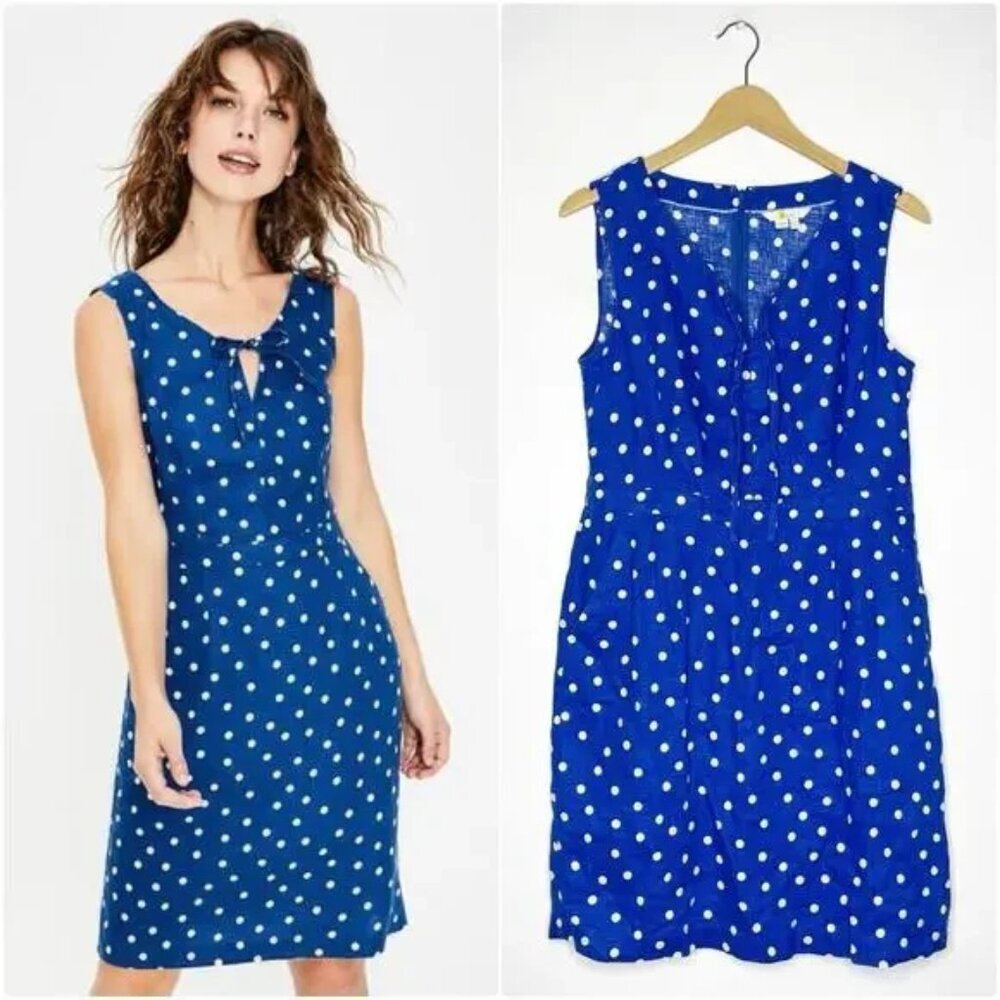 Boden Rae Linen Dress Blue & White Scattered Spot Polka Dot A-Line Dress SZ 8R